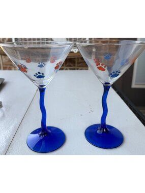 Set of 2 Handmade Paw Print w/Wavy Zig Zag Stem 10 oz. Martini Glasses